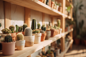 Rows of small cactus plants in pots on wooden shelves.