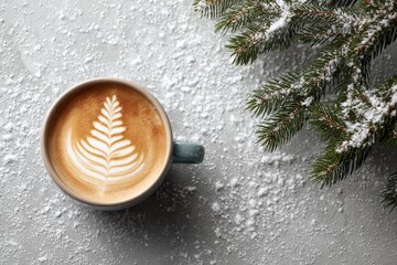 Overhead view captures warm coffee with intricate foam art beside snow dusted evergreen branch
