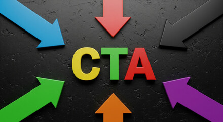 Colorful CTA text surrounded by arrows pointing inwards on a dark background