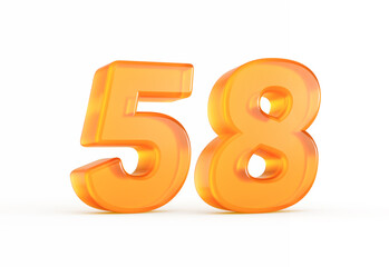 Vibrant orange number 58 with sleek reflective shine and curved texture. 3D illustration.