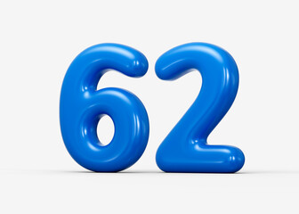 Shiny blue 3D number 62 styled with sleek curves and glossy highlights. 3d illustration