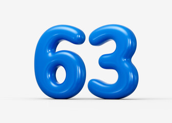 Glossy blue 3D number 63 featuring polished rounded design and smooth look. 3d illustration