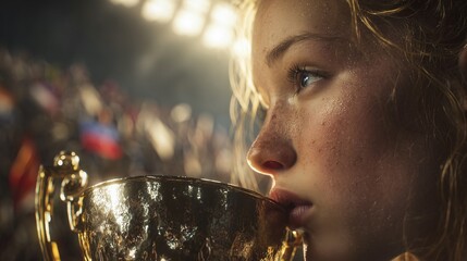 Young pretty woman, girl, athlete, kissing the winner cup at the stadium