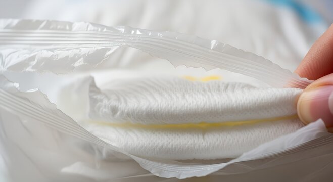 Close-up of hand holding opened package of sanitary pads  