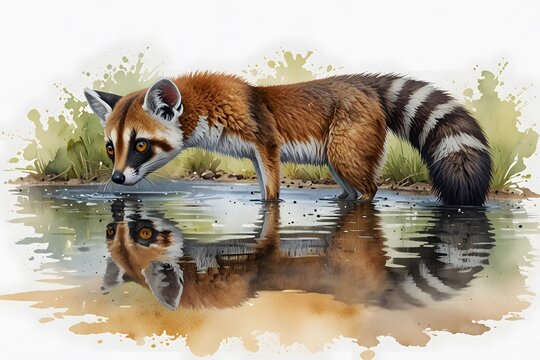 A ringtail drinking water from a small puddle