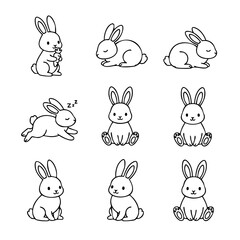 Fototapeta premium A series of black and white drawings of rabbits in various poses. The mood of the images is lighthearted and playful, with the rabbits appearing to be in different stages of relaxation or activity