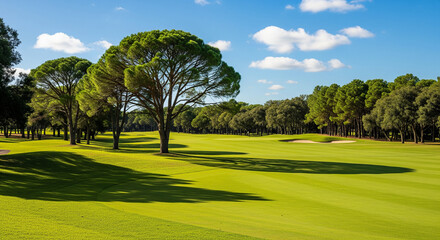 Obraz premium Lush green golf course fairway with tall pine trees and blue sky on a sunny day