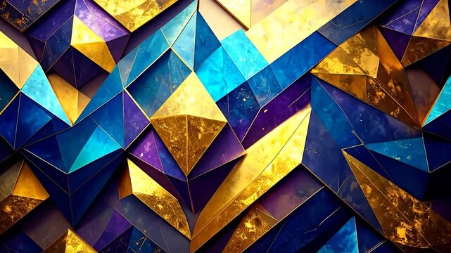 A geometric abstract mosaic featuring jewel-toned shades of blue, purple, and gold