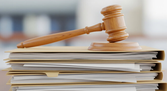 Wooden gavel resting on a stack of legal documents and files in a courtroom setting