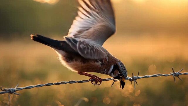 A beautiful american kestrel resting on a barbed wire fence during golden hour