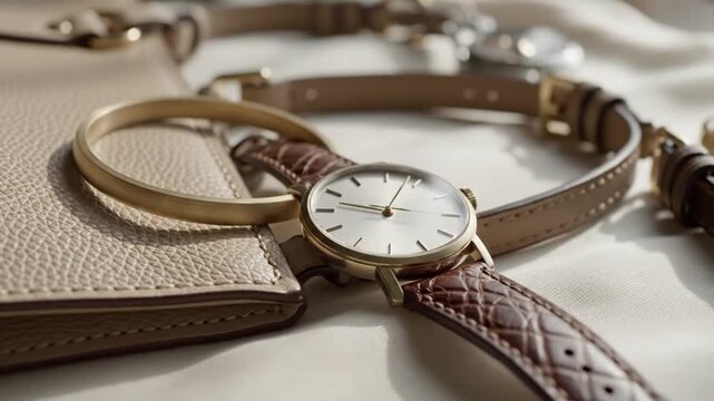 Elegant Accessories Still Life - Handbag, Watch, and Bracelet.