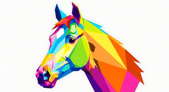 A vibrant, geometric illustration of a horse head. The portrait uses a rainbow of colors within sharp, polygonal shapes - Powered by Adobe