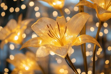 Luminous golden lilies bloom amidst sparkling lights, creating a magical and luxurious atmosphere.