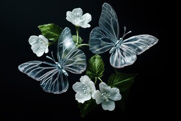 Three translucent silver butterflies with white flowers on a black background.