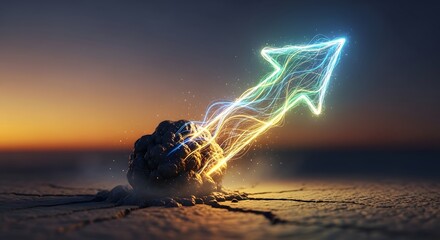 glowing neon arrow erupts from cracked earth at sunset signifying breakthrough innovation energy launch and radiant powerful new beginnings