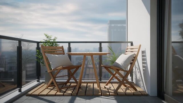 Apartment balcony wooden furniture urban, slow dolly-in toward a compact outdoor terrace featuring a folding table and chairs on a bright day.