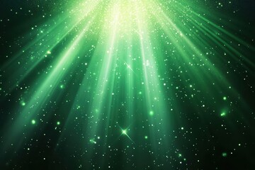 Radiant green light burst with golden green magical rays illuminating dark green backdrop