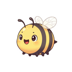 Obraz premium A cute cartoon bee with a cheerful expression and transparent wings against a clean white background.
