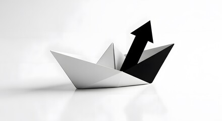 paper boat sailing forward with black arrow showing direction and growth on white background representing business success and leadership