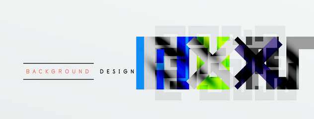 Abstract geometric design. Blue, green, black squares overlap white space. Minimalist style, modern aesthetic. Simple background elements present.