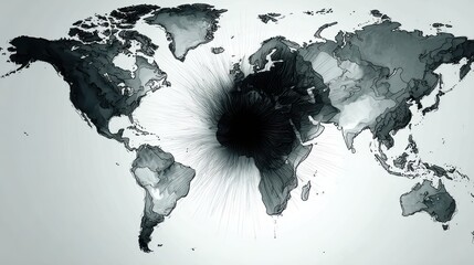 World Map with Concentrated Points of Light and Shadow on Gray Background