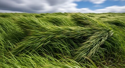 field of tall green grass blowing in strong wind under dramatic cloudy sky creating motion blur effect across landscape creating beautiful natural texture