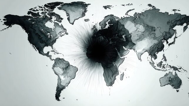 World Map with Concentrated Points of Light and Shadow on Gray Background - Powered by Adobe