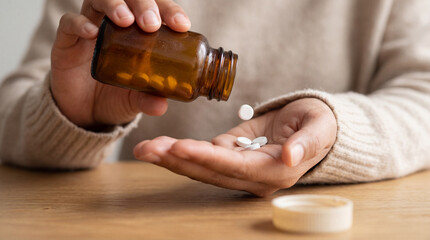 Hand pouring white tablets from amber pill bottle over wooden table