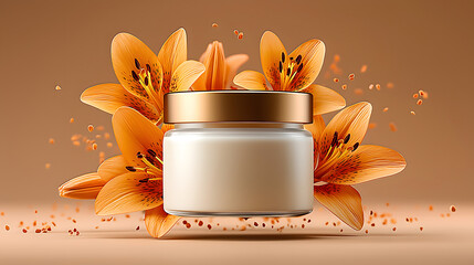Luxury cream jar with orange lilies and scattered particles AI Generated