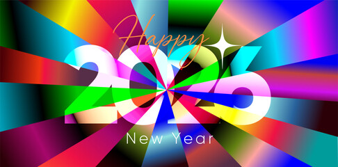 Vibrant happy 2026 new year abstract background with colorful rays, modern typography and festive glow for holiday banner, poster, social media, event and celebration designs.