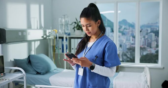 Hospital, nurse and woman with phone for healthcare research, typing email or check schedule. Worker, mobile and person in clinic for telehealth update, scroll history and medical evaluation with app