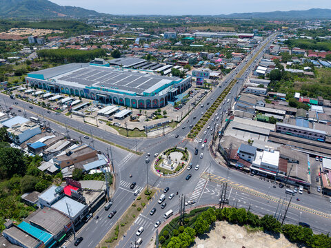 Phuket,Thailand-7 Apr 2025: Aerial and Close-up Views of Thao Thep Krasattri and Thao Si Sunthon Monument Roundabout, Phuket, Thailand.