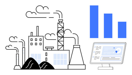 Environmental impact, industrial growth, data analytics, emissions tracking, sustainability, production management. Factory with chimneys and a computer displaying charts. Environmental impact