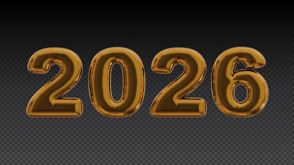 Gold 2026 New Year numbers on transparent background, Foil balloon