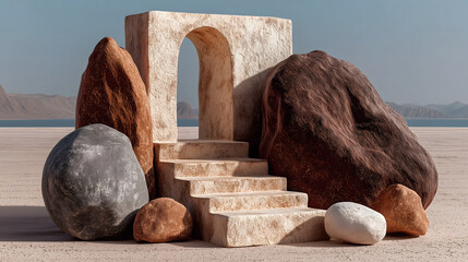 Abstract desert landscape with stone archway and steps AI Generated