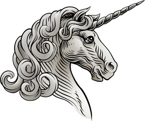Unicorn horse head, an original illustration in a retro woodcut etching vintage style