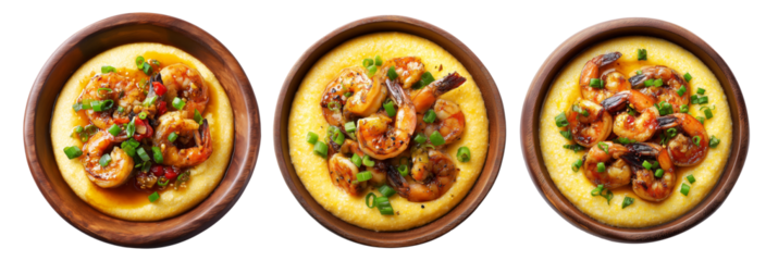 Spicy shrimp served over creamy grits with garnish, isolated on white background, concept of southern American cuisine