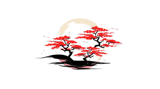 Minimalist Japanese Style Illustration of Red Bonsai Trees with Crescent Moon