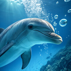 A beautiful dolphin swimming gracefully underwater with sunlight filtering through and bubbles rising.