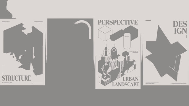 Gray urban landscape design posters with structure, perspective, and design elements on beige background - Powered by Adobe