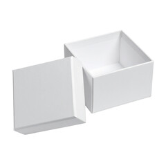 An open blank white cardboard box and a closed square carton package isolated on a gray background for 3d merchandise packaging design