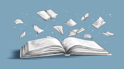 Fototapeta premium Line drawing of an open book with flying pages, representing education, learning, and World Book Day concepts.