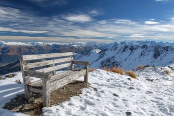 Weathered wooden bench rests on snowy mountain summit overlooking distant peaks