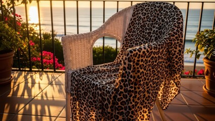 Fototapeta premium Leopard print blanket on chair overlooking ocean sunset on balcony