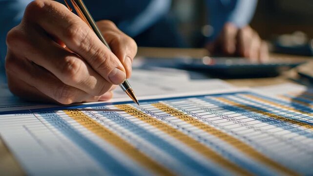 Budget planning energy spreadsheet hand pen finance accounting analyst reviewing focused financial forecasting and accounting decision making low