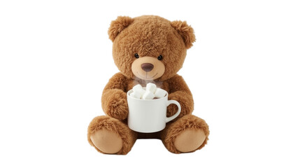 Obraz premium A brown teddy bear sitting and holding a white mug filled with marshmallows on a plain white background, cute and cozy
