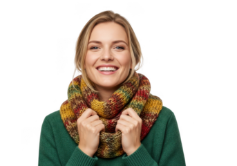 Smiling woman wearing a colorful knitted scarf and green sweater, isolated on transparent background