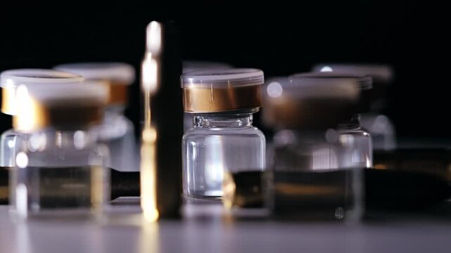 Metal bullets stand near glass vaccine bottles in dramatic studio lighting