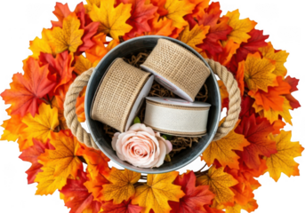 A rustic galvanized metal bucket filled with spools of burlap ribbon and a single pink rose, surrounded by a vibrant wreath of autumn maple leaves isolated on transparent background