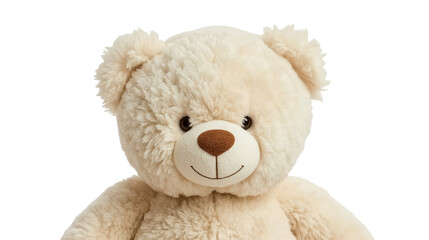 Obraz premium Soft cream colored teddy bear with brown nose and black eyes smiling on white background
